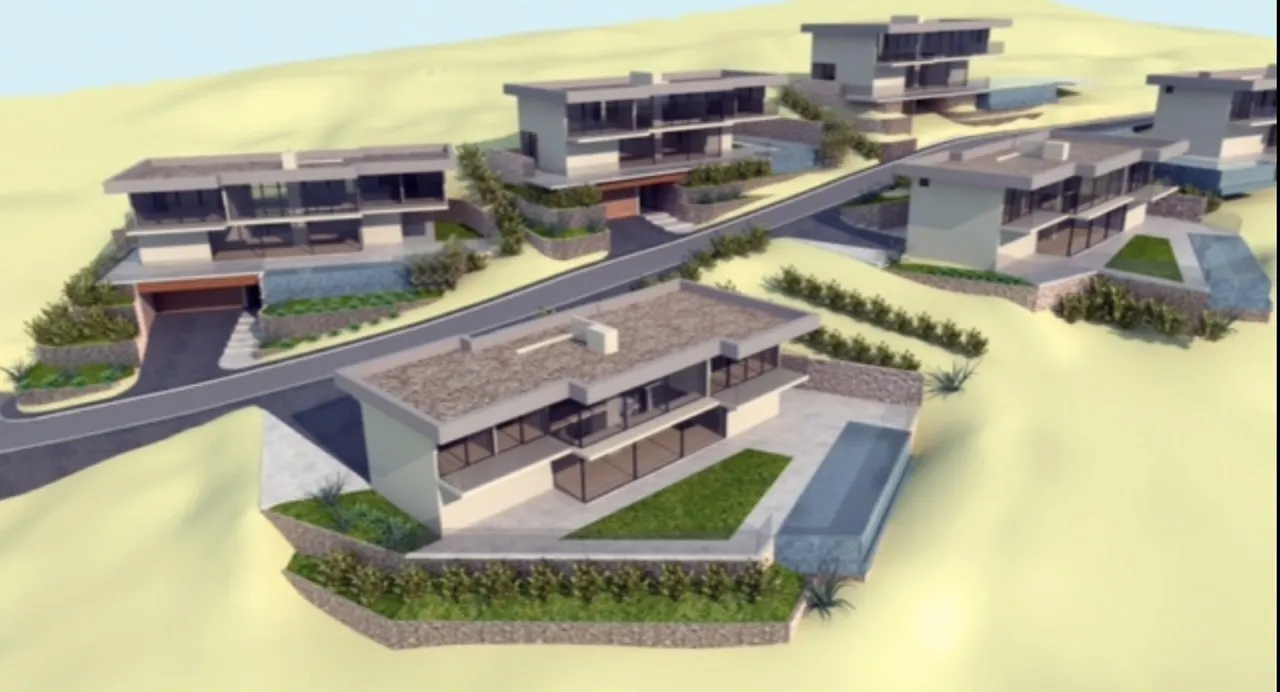 3D rendering of a modern hillside housing complex showing multiple villas, roads, and landscaping.