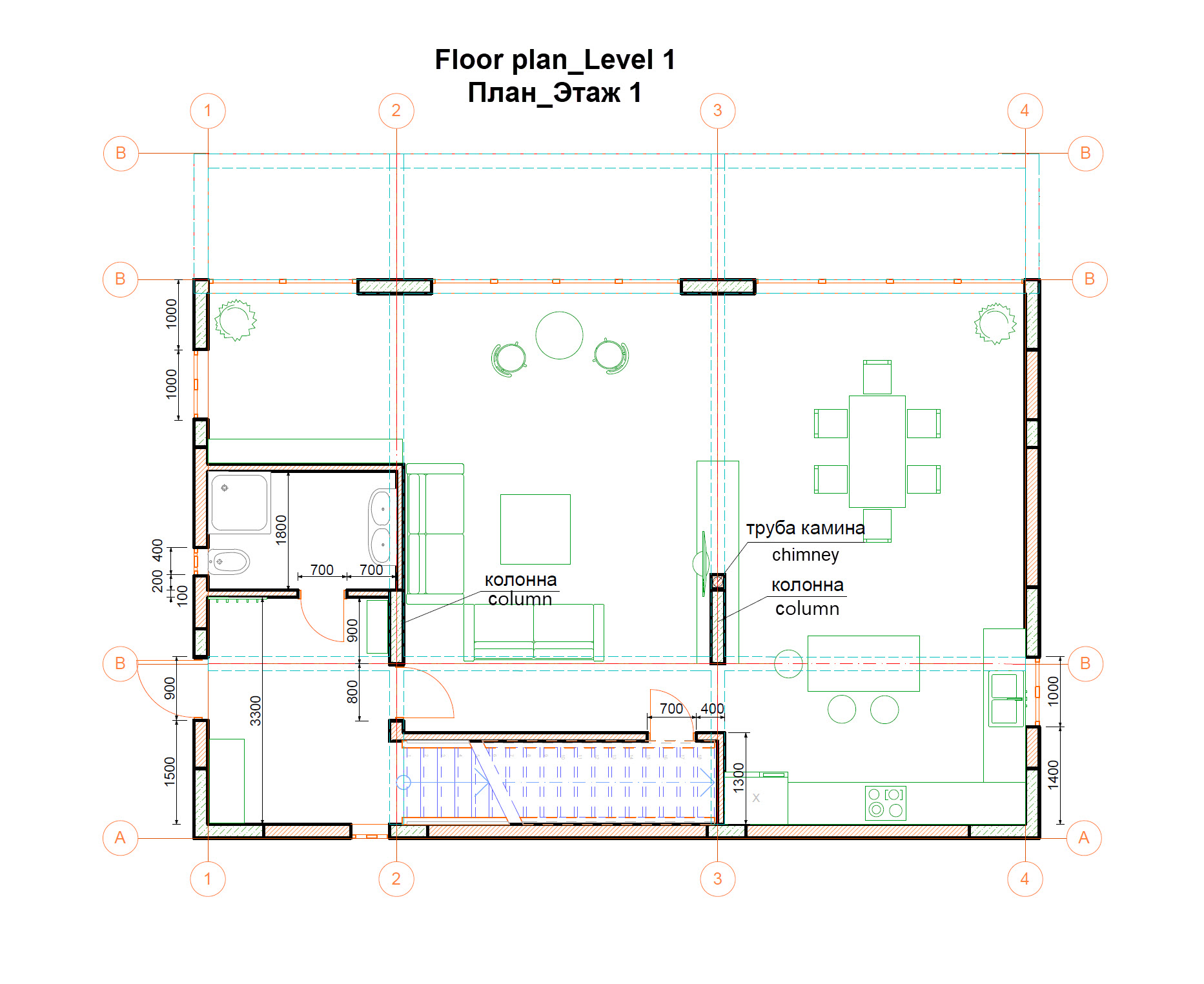 Architectural floor plan of the first floor of a villa in Krašići, Montenegro: living room, kitchen, dining area, and bathroom.
