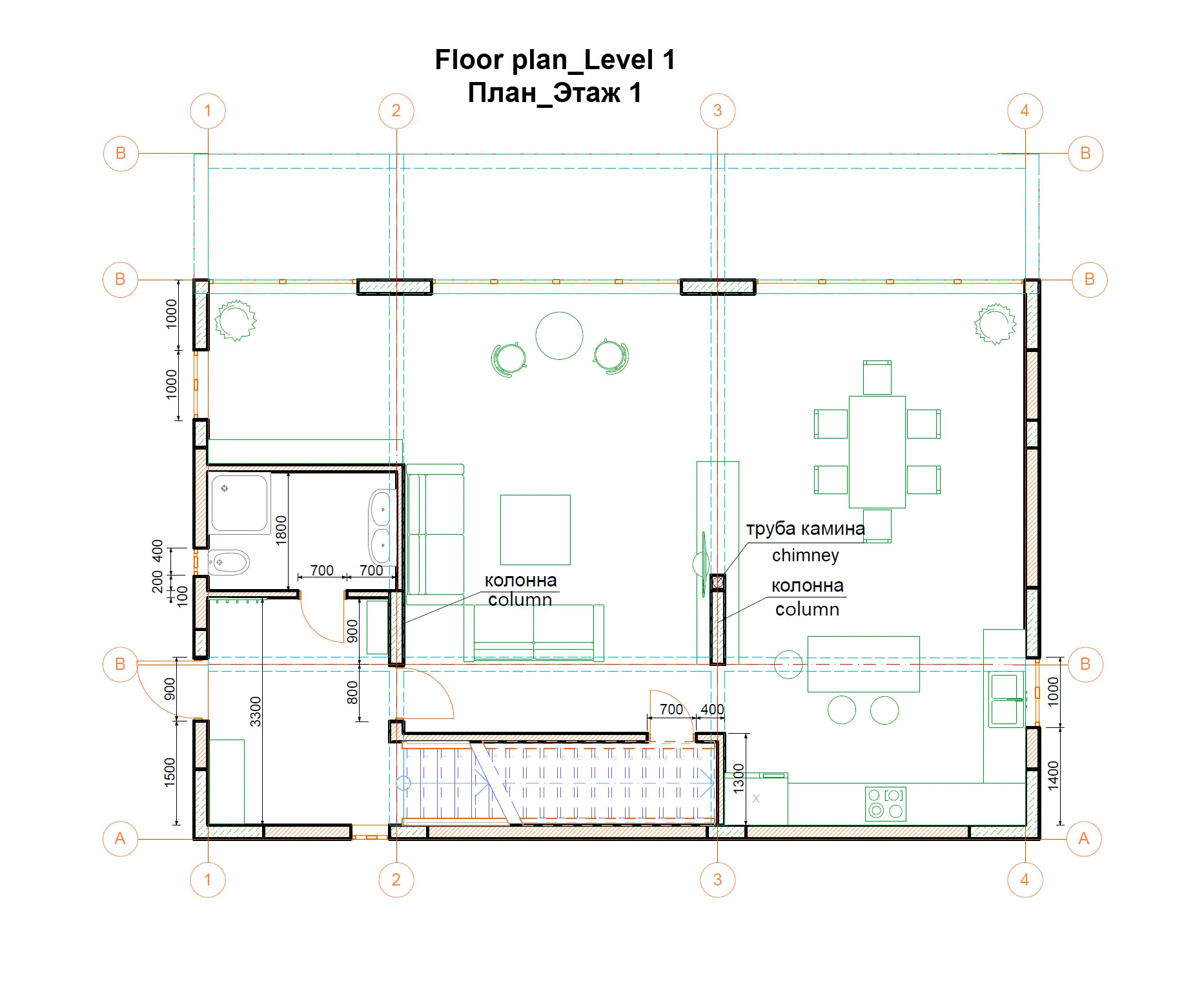 Technical architectural floor plan of level 1 showing dimensions, walls, furniture layout, and a bathroom.