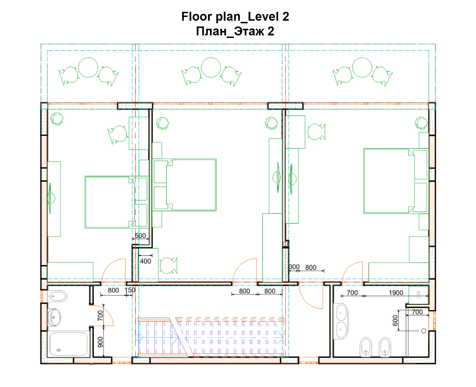 Second-floor plan of the villa in Krašići, Montenegro: two bedrooms with terraces, a staircase, and two bathrooms with plumbing fixtures.