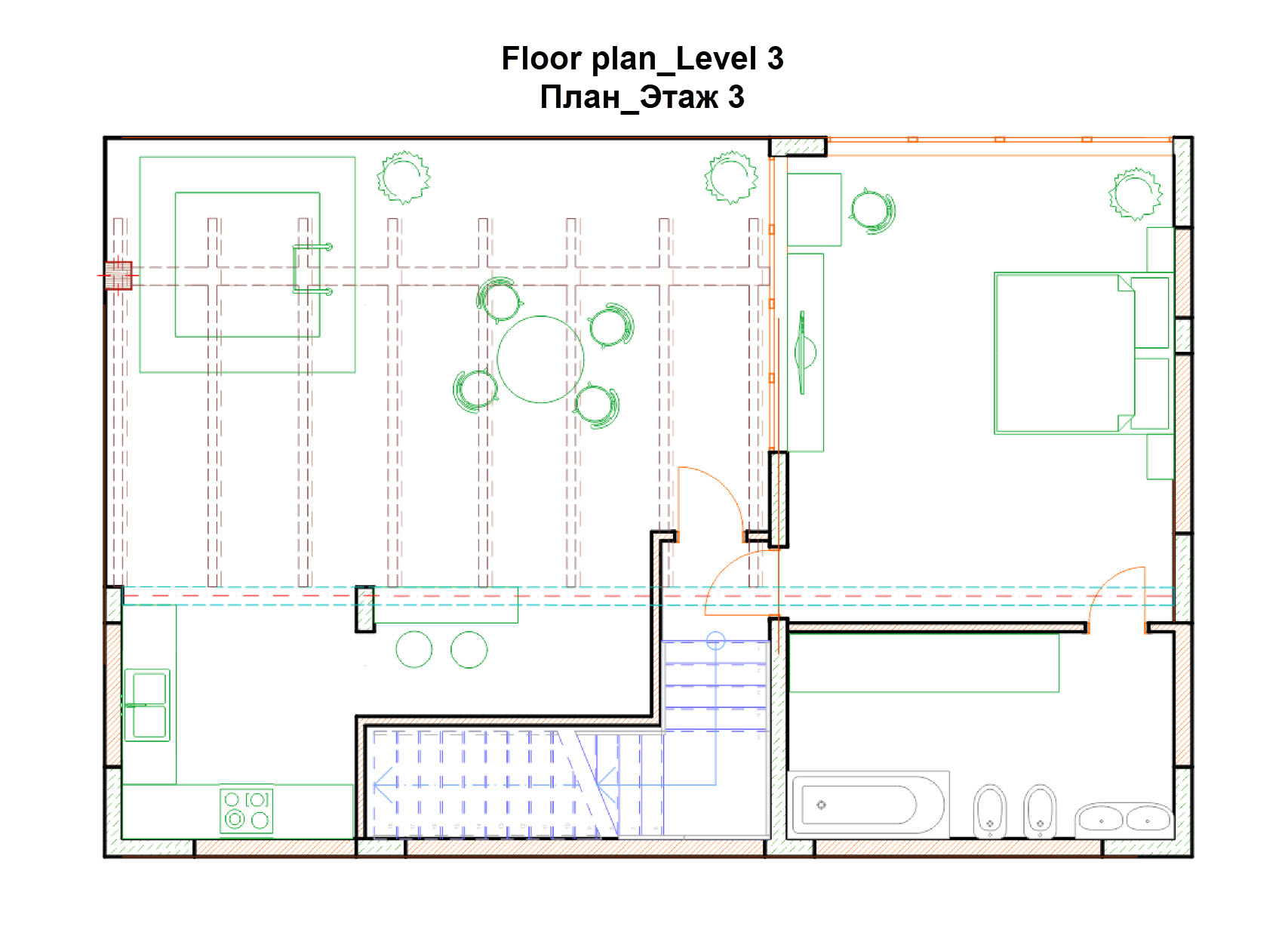 Third-floor plan of a villa in Krašići, Montenegro: bedroom, kitchen, living room with terrace, and bathroom.