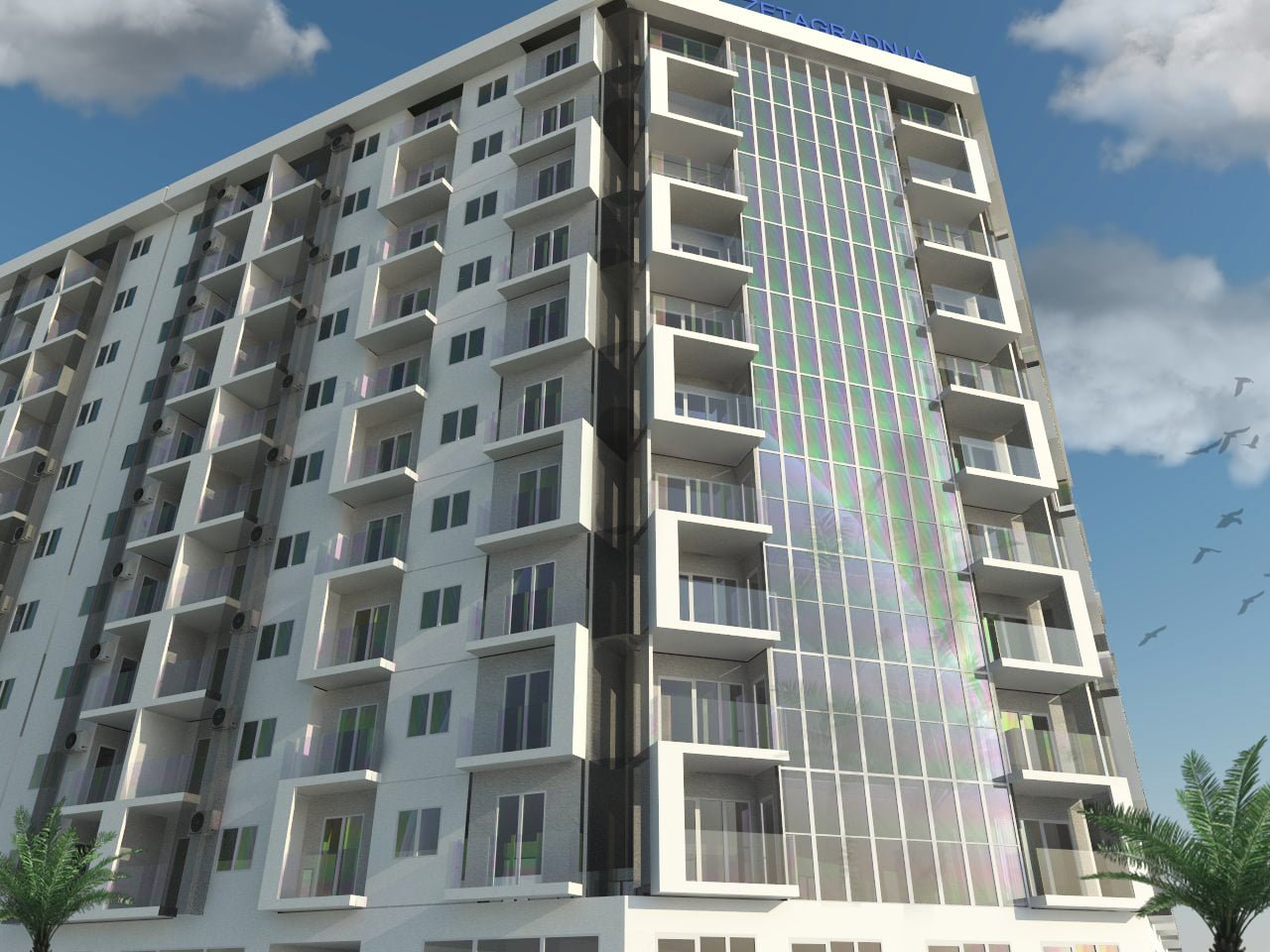 Modern residential complex with panoramic glazing and balconies in the city of Bar, Montenegro. View of the building facade.