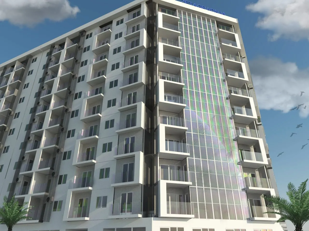 Exterior view of a modern multi-story residential building featuring balconies and a glass facade against a blue sky.
