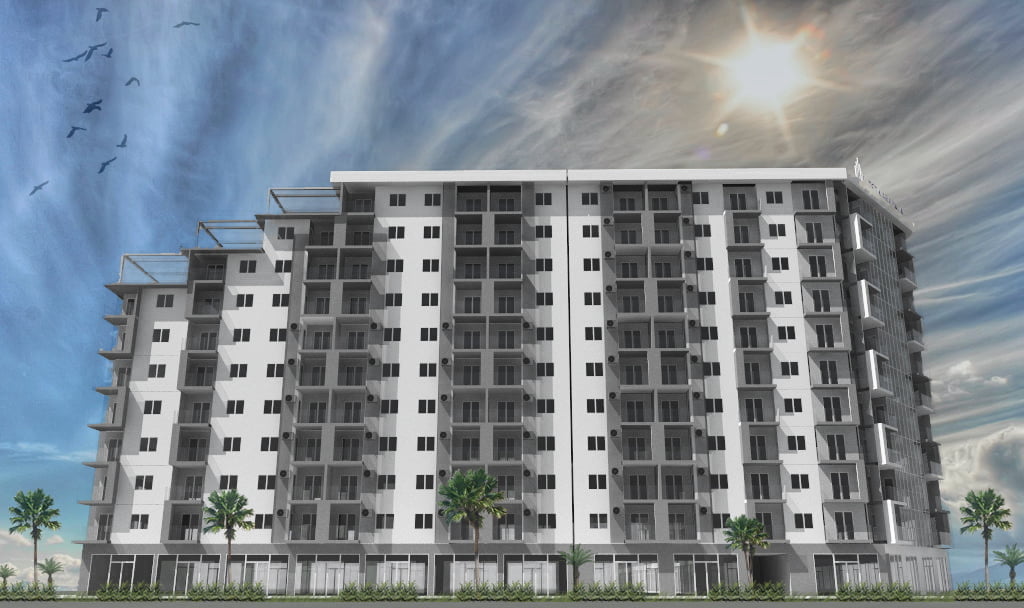 Modern residential complex with balconies in the city of Bar, Montenegro: view of the facade of a multi-storey building.
