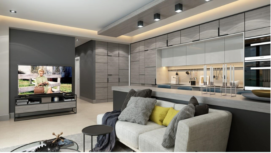 Modern living room with kitchen in the Rafailovici residential complex, Becici, Montenegro: stylish interior, gray furniture, and TV area.