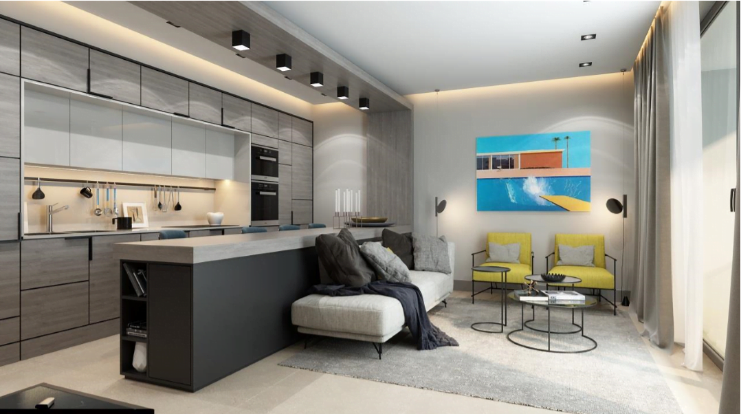 Modern living room with kitchen in the Rafailovici residential complex, Becici, Montenegro: stylish interior, kitchen island, and bright decor.