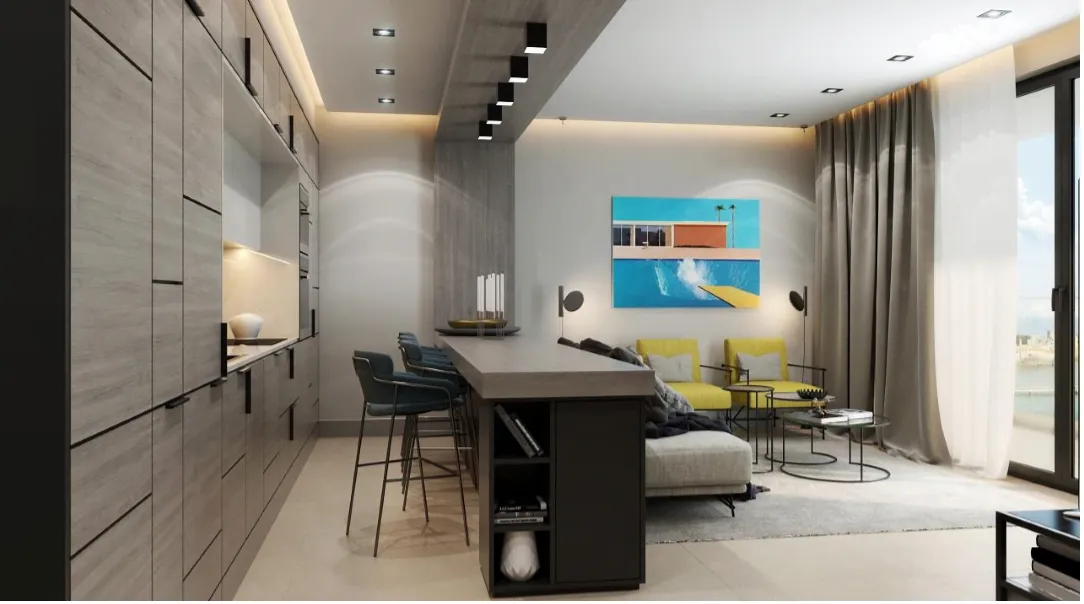 Modern open-plan living room and kitchen with island, yellow chairs, and large window overlooking water.
