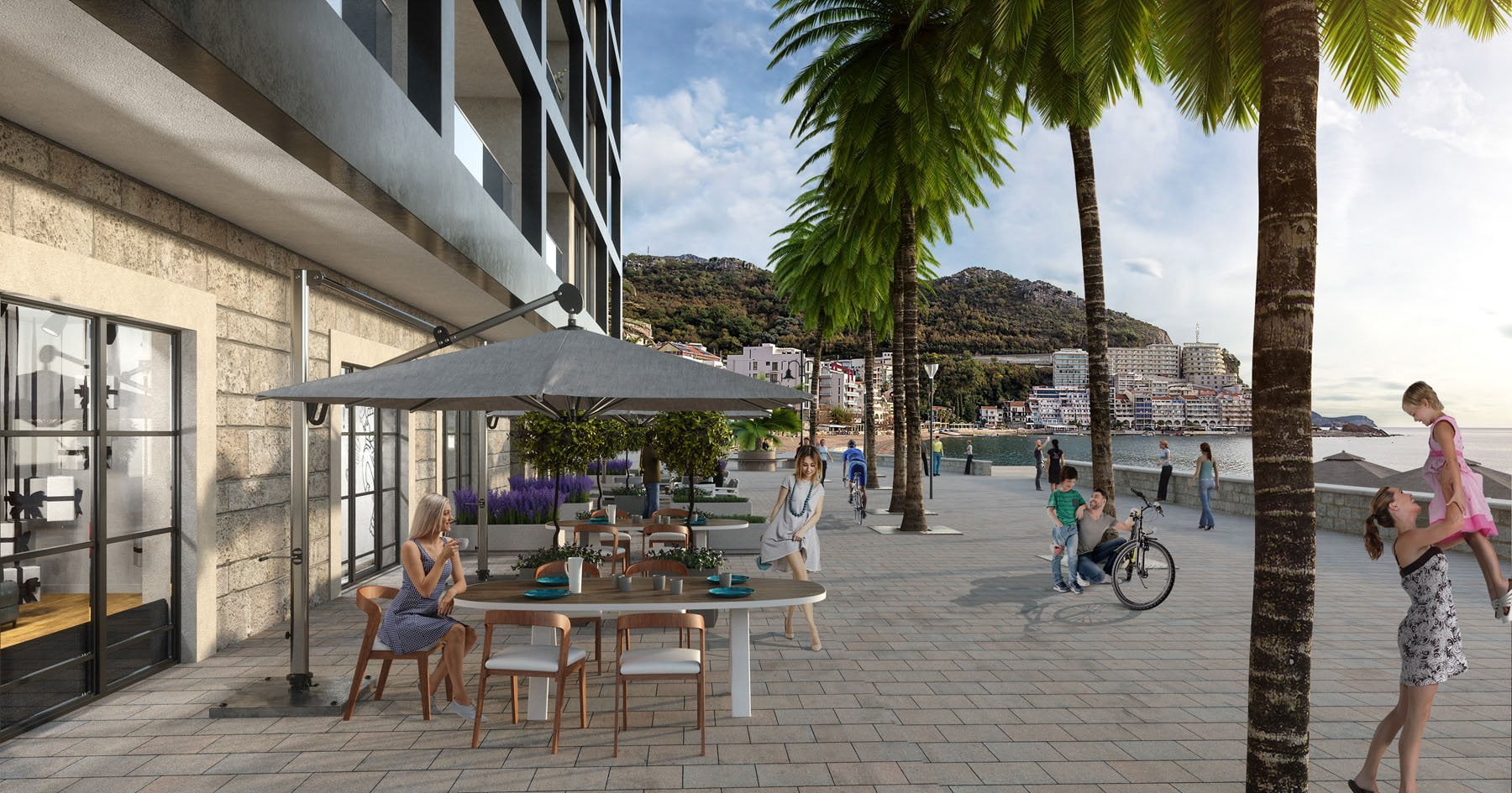 Modern residential complex in Bečići, Montenegro: terrace with furniture, palm trees, and a view of the Rafailovići promenade.