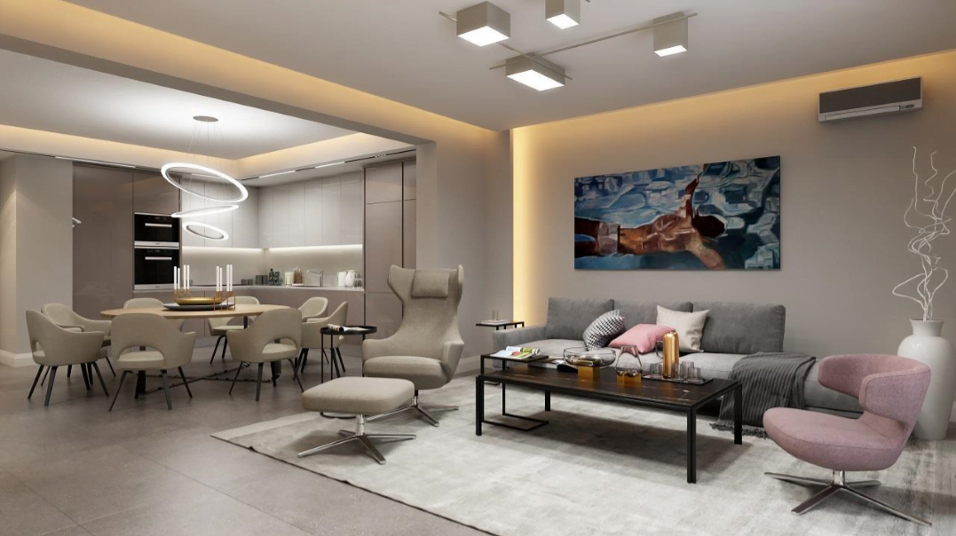 Modern living room with kitchen in the Rafailovići residential complex, Bečići, Montenegro: stylish furniture, soft lighting, and designer decor.
