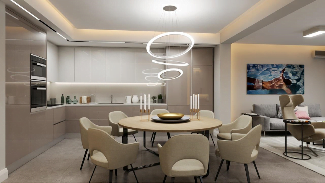 Modern kitchen-living room with dining area in the Rafailovici residential complex, Becici, Montenegro: stylish interior, designer lighting.