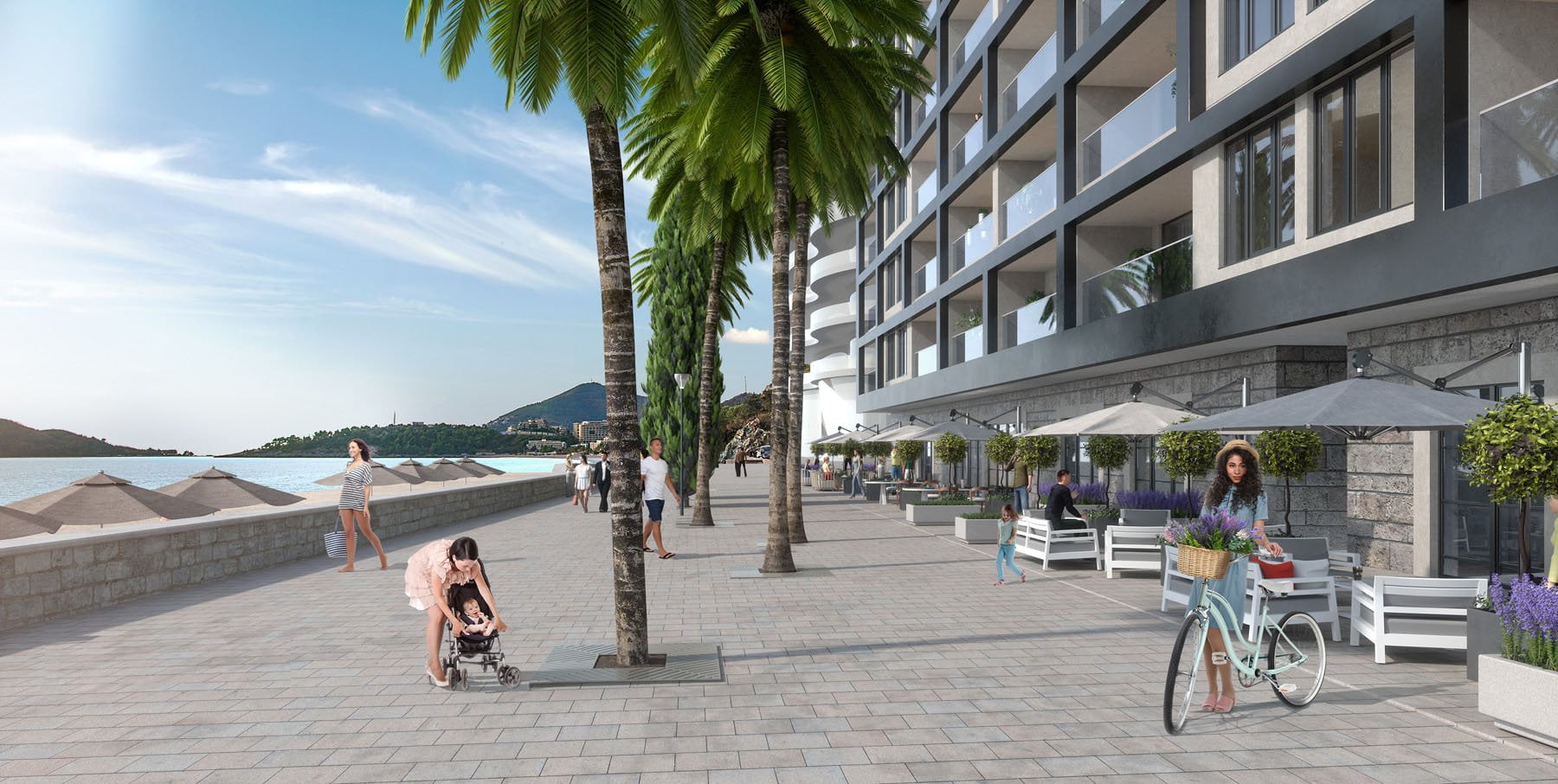 Modern residential complex in Bečići, Montenegro: a palm-lined promenade, café terraces, and a sea view by the house.