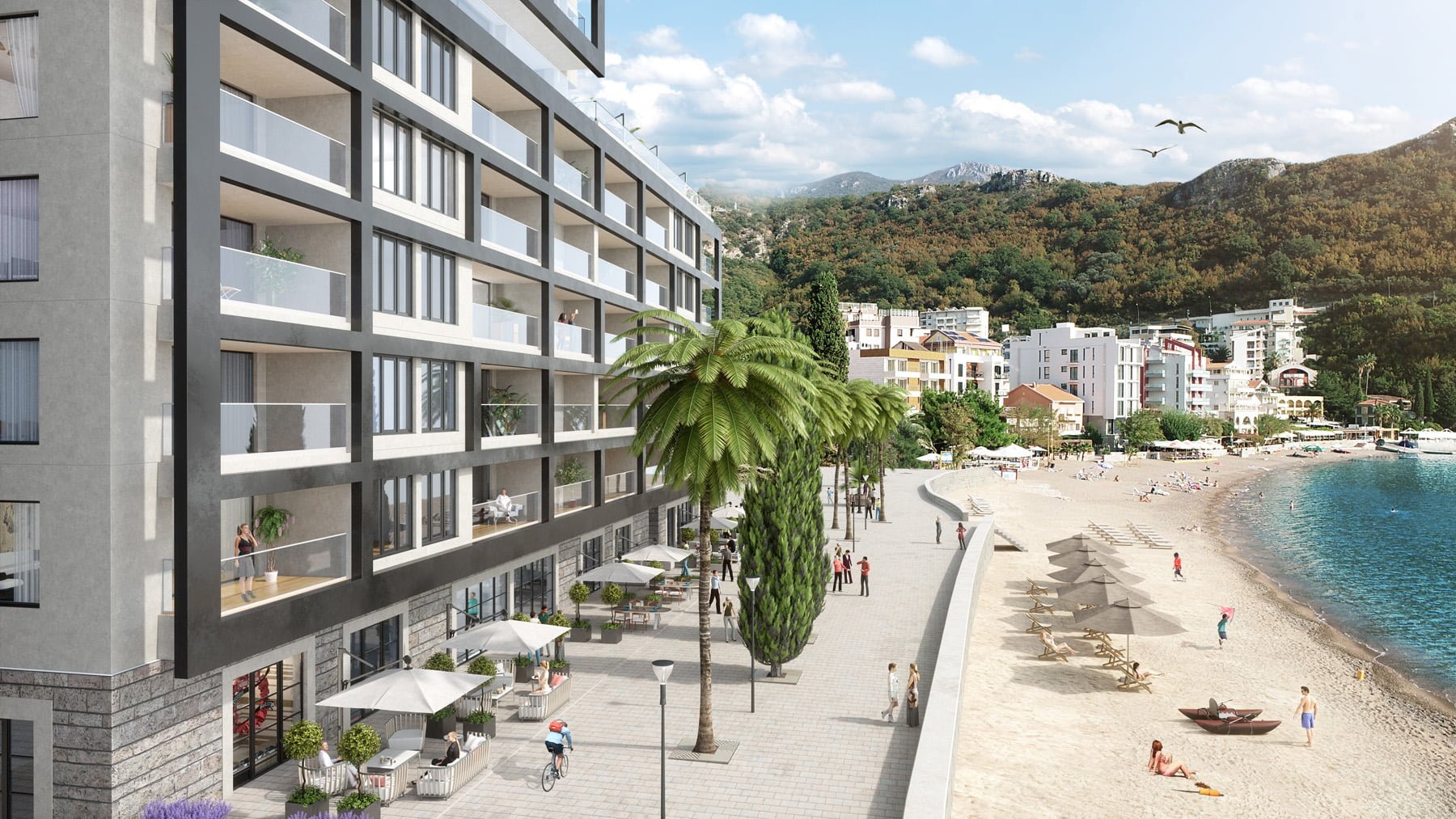 Modern residential complex on the beachfront in Bečići, Montenegro: view of the promenade, terraces, and the sea.