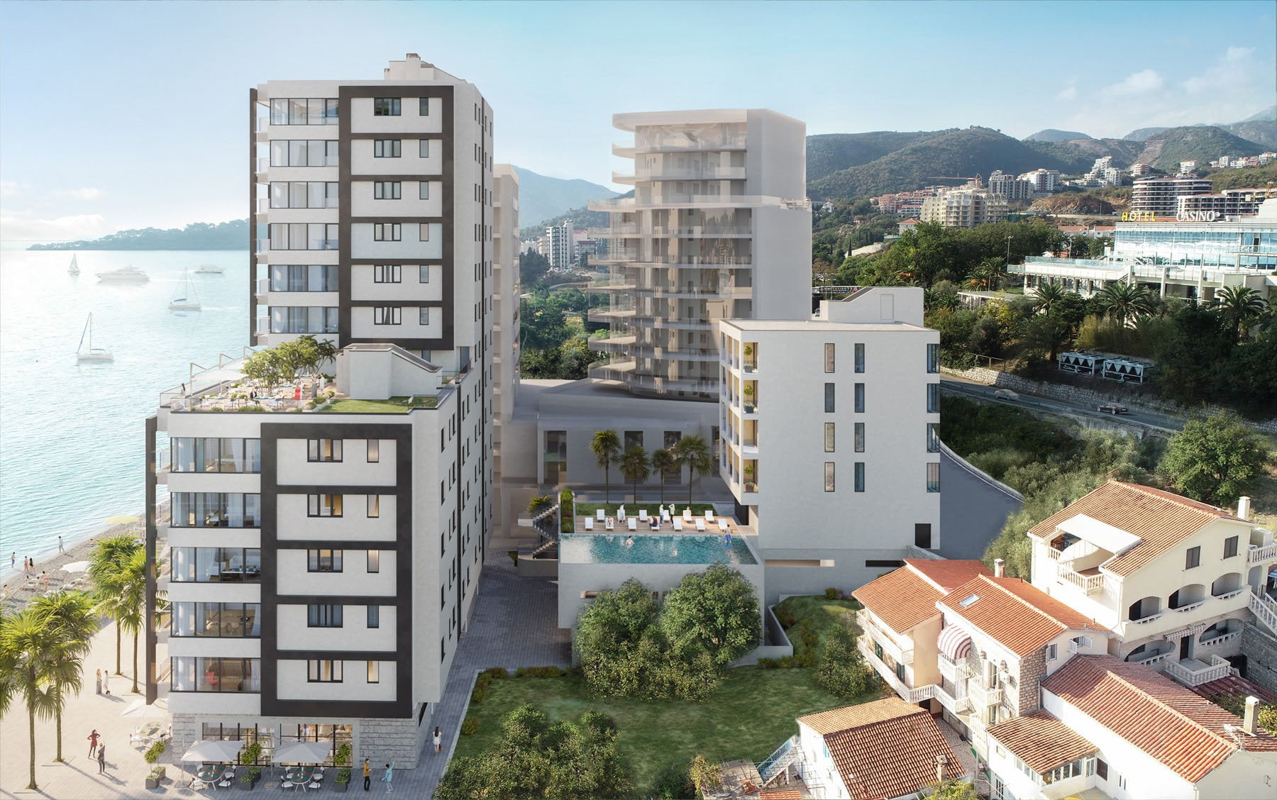 Modern residential complex in Rafailovici, Montenegro: swimming pool, terraces, and panoramic views of the sea and mountains.
