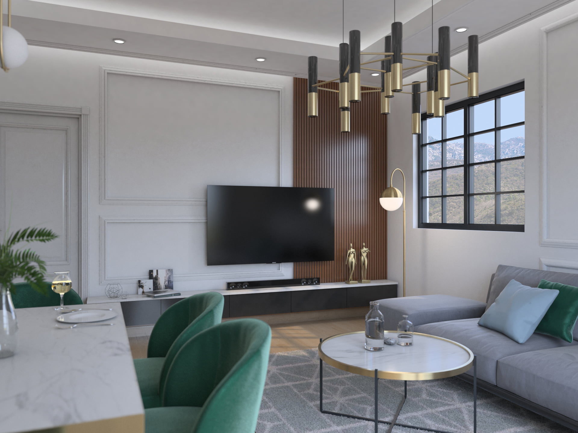 Modern living room in the Bečići residential complex, Montenegro: designer furniture, TV area with slatted wood panels, and a mountain view from the window.