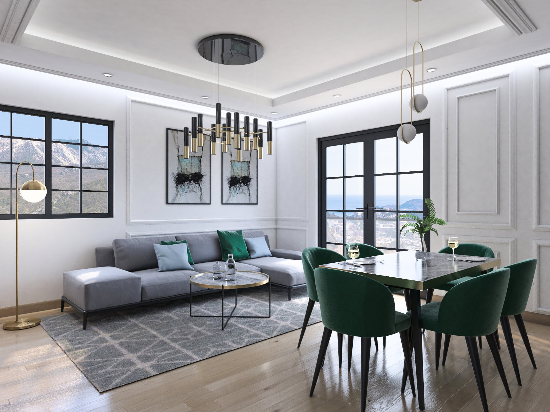 Modern living room in the Bečići residential complex, Montenegro: gray sofa, emerald chairs, marble table, and a view of the sea and mountains.