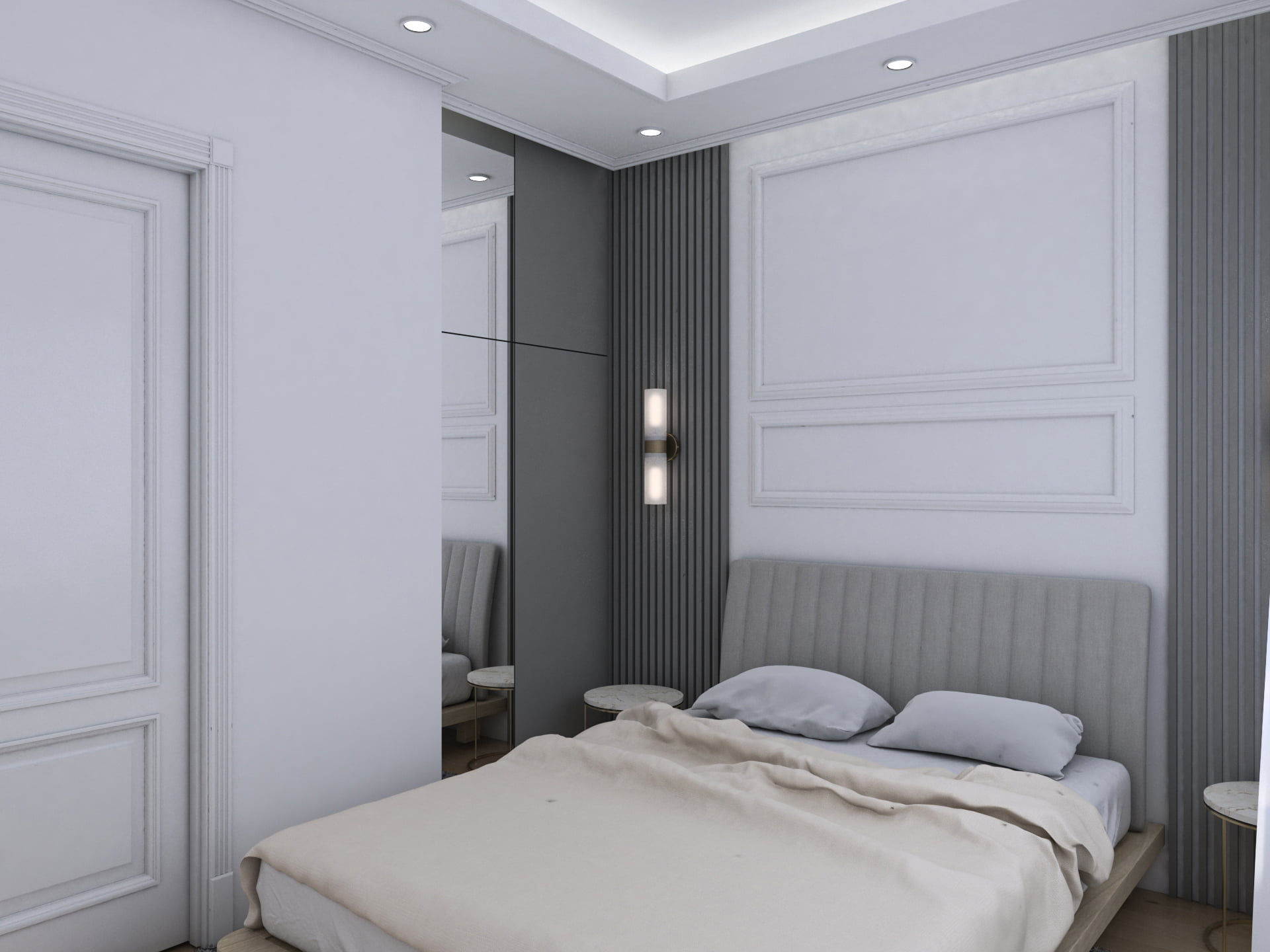 Modern bedroom in the Bečići residential complex, Montenegro: stylish interior with slatted panels, a mirror, and a soft upholstered headboard.