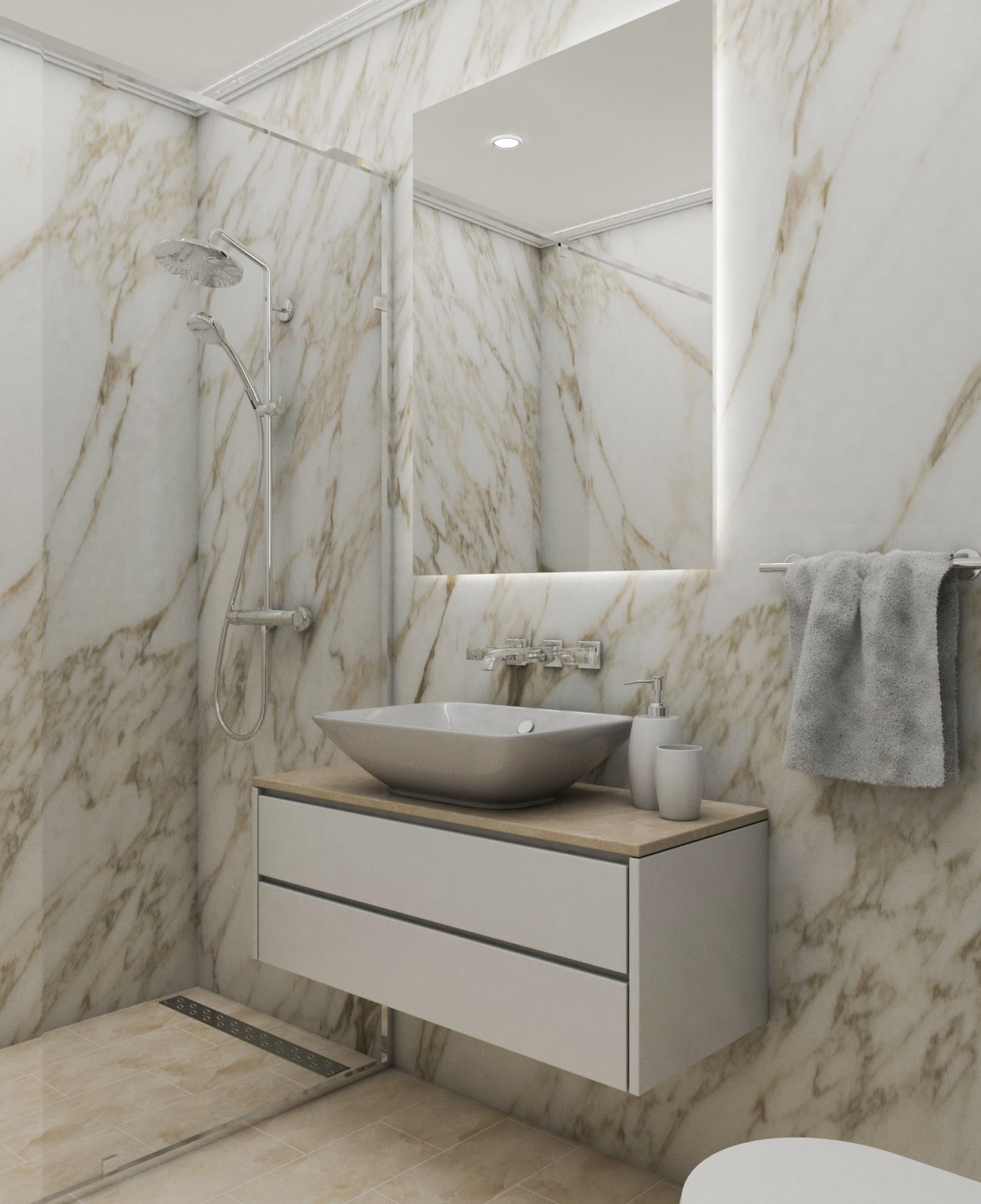 Modern bathroom with marble finish in the Bečići residential complex, Budva Riviera, Montenegro: shower and wall-mounted vanity.