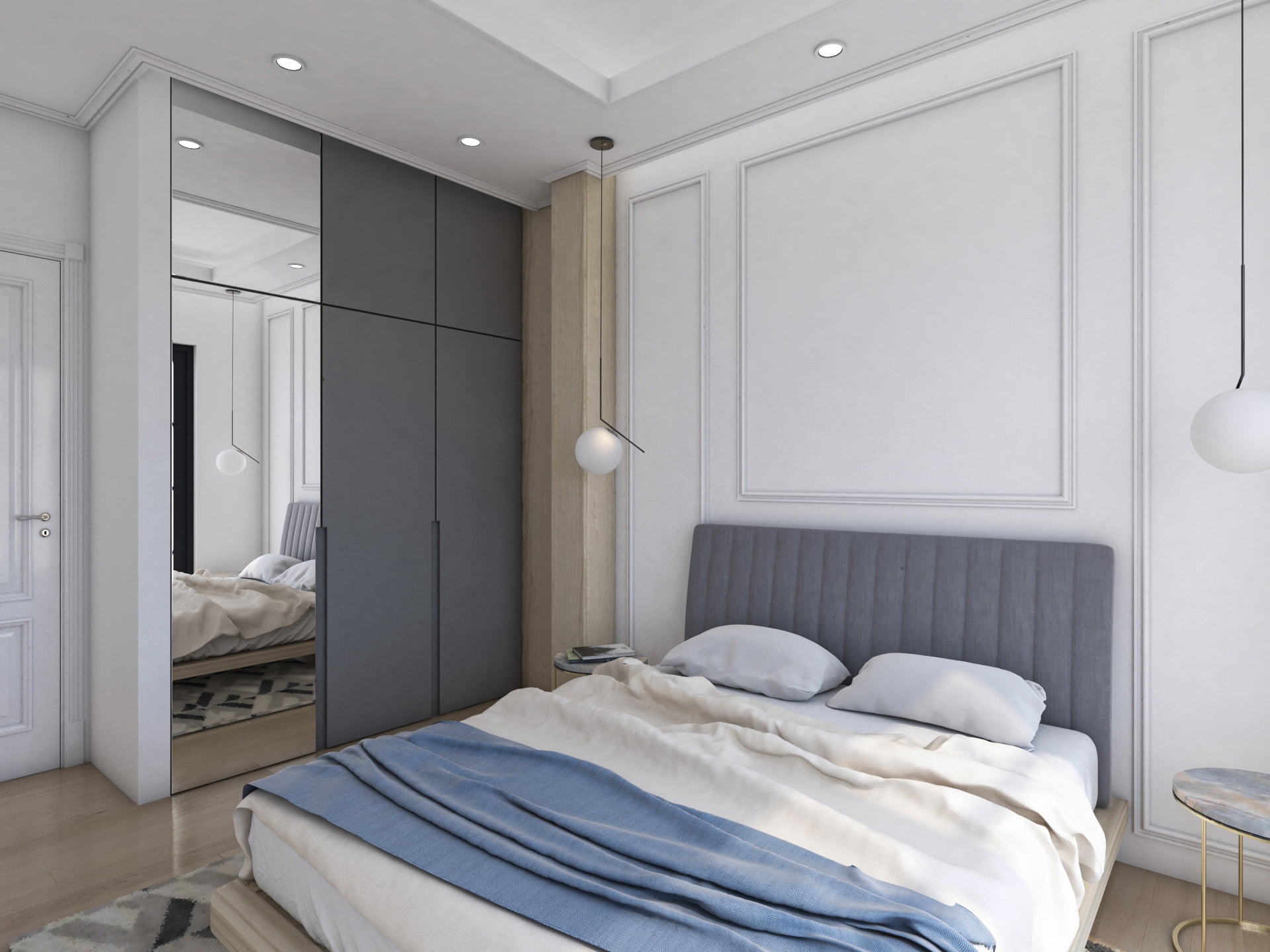 Modern bedroom in the Bečići residential complex, Montenegro: a double bed, a gray wardrobe with a mirror, and stylish pendant lamps.