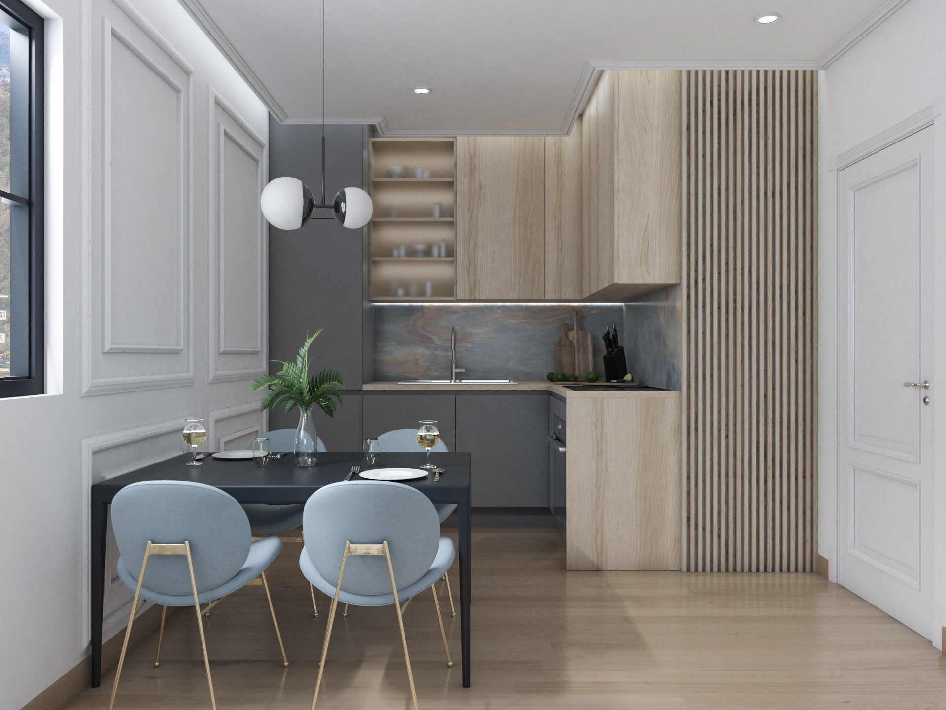 Modern kitchen-dining room in the Bečići residential complex, Montenegro: stylish cabinetry, wooden slats, and a dining area with blue chairs
