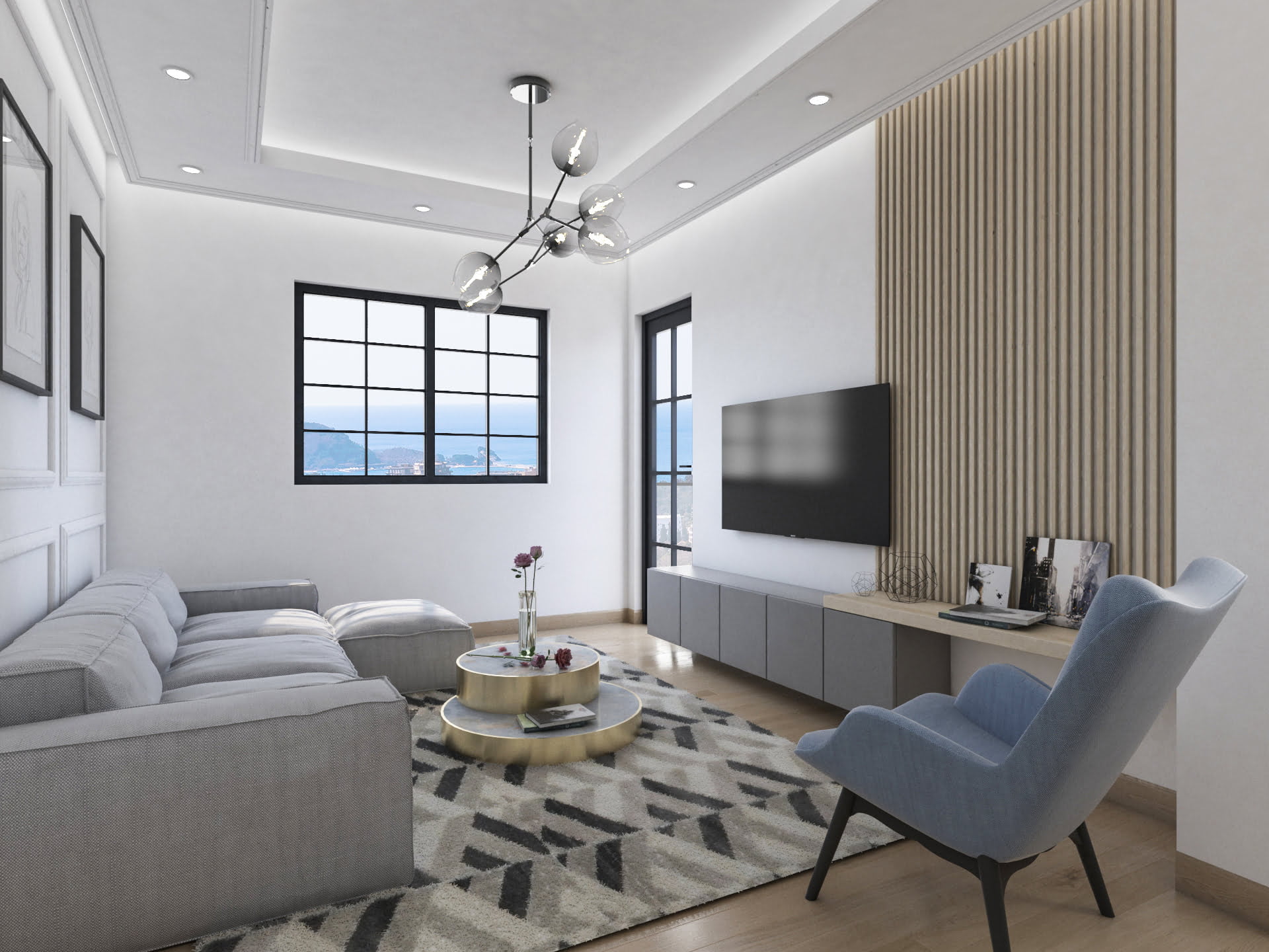 Modern living room with sea view in the Becici residential complex, Budva Riviera, Montenegro: stylish furniture and decor.