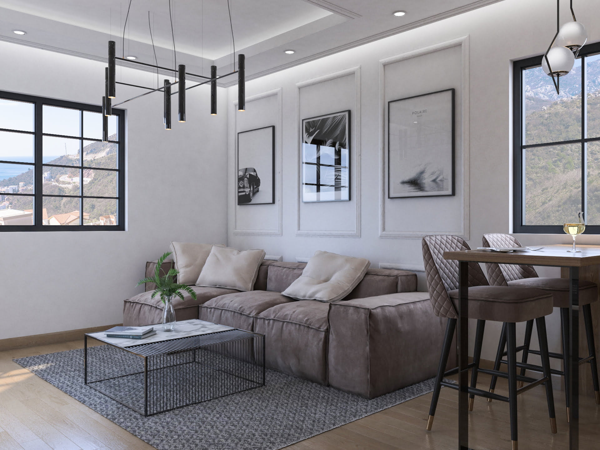 Modern living room in the Bečići residential complex, Montenegro: a soft sofa, designer lighting, and a view of the sea and mountains from the windows.