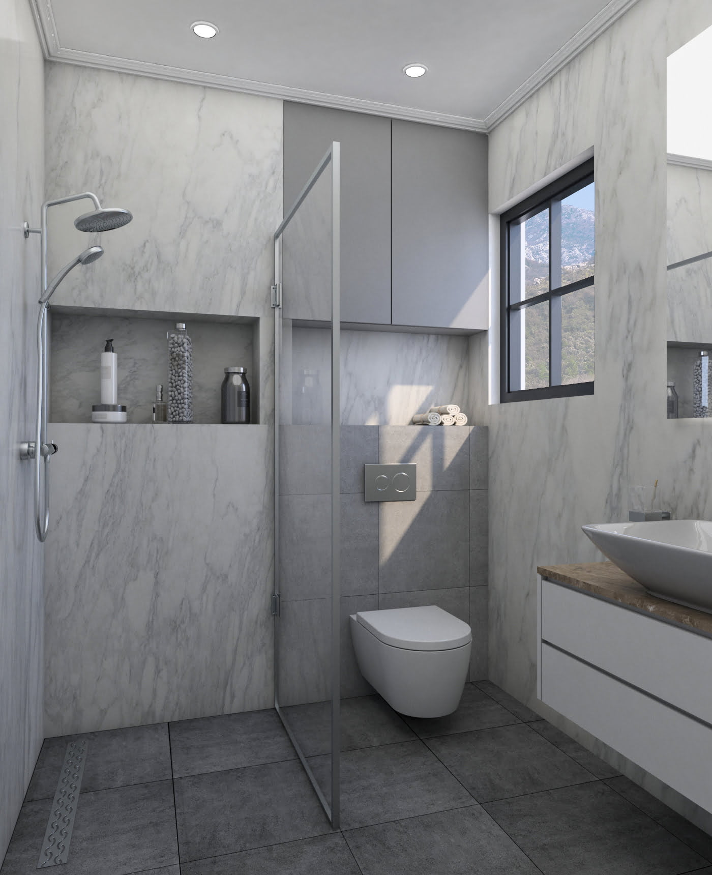 Modern bathroom in the Bečići residential complex, Montenegro: marble finishes, shower cabin, and mountain view from the window.