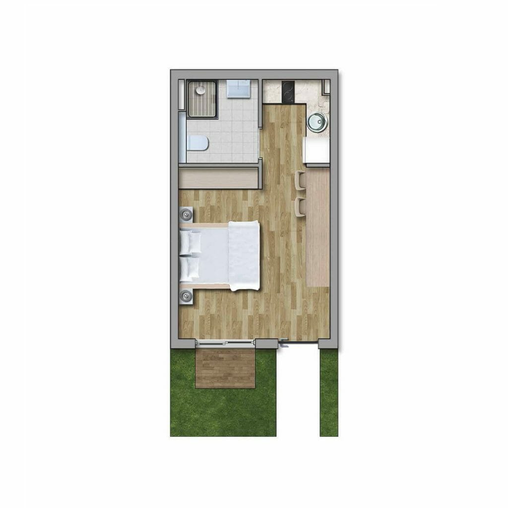 Studio layout in the Kavač residential complex, Montenegro: sleeping area, kitchen, bathroom, and access to a private terrace with a garden.