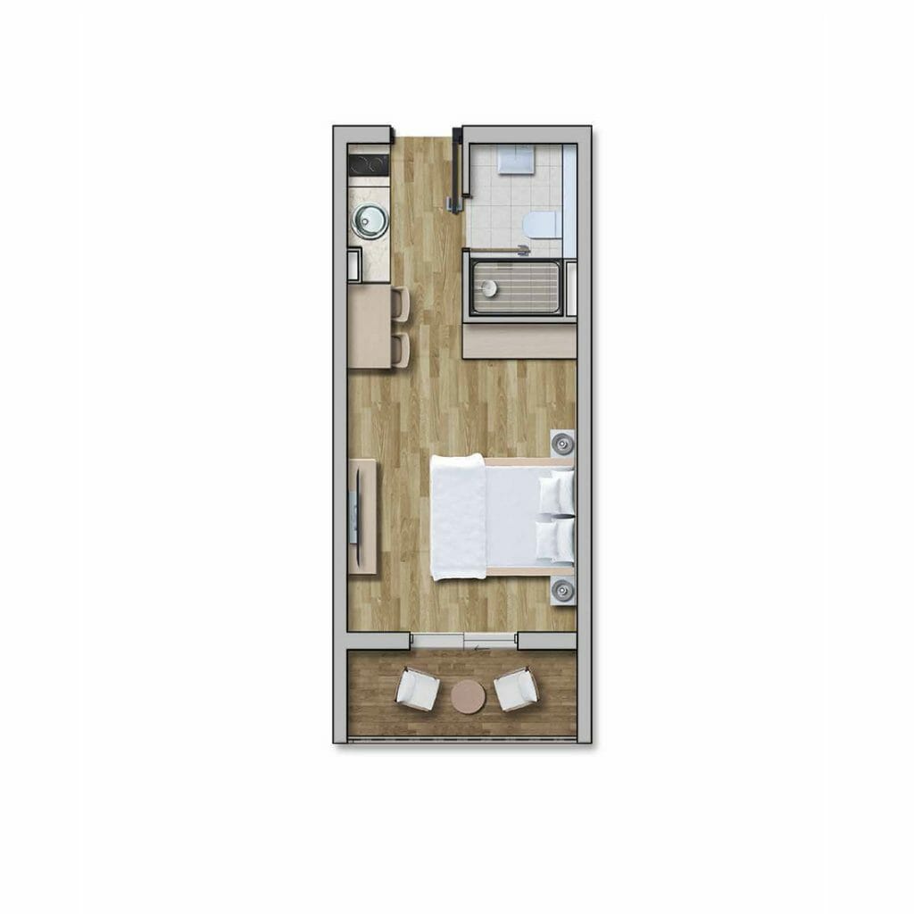 Studio layout in the Kavač residential complex, Montenegro: bedroom, kitchen area, bathroom with shower, and furnished terrace.
