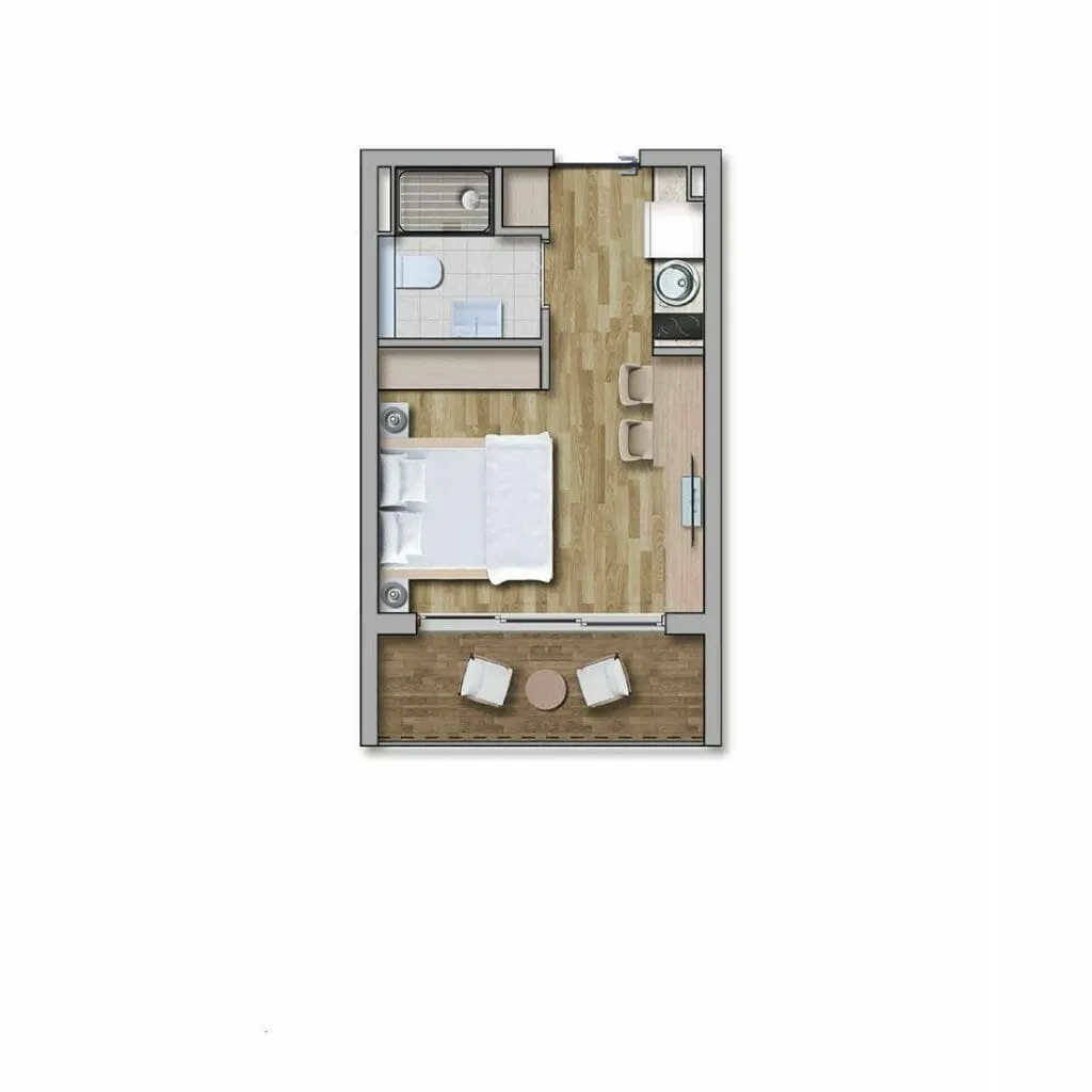 3D floor plan of a studio apartment showing bed, kitchen, bath, and balcony.