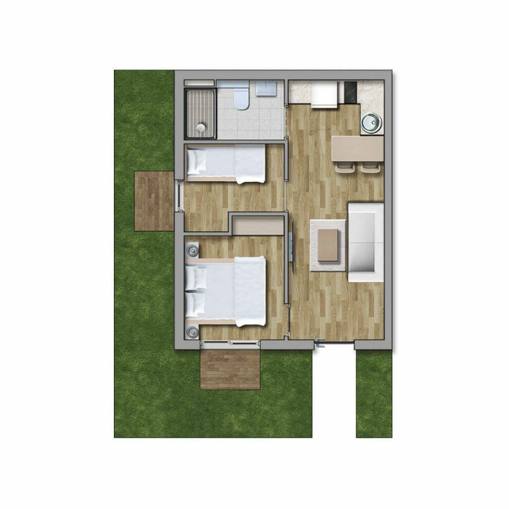 Apartment layout in the Kavač residential complex, Montenegro: two bedrooms, an open-plan kitchen-living room, a bathroom, and a terrace with access to the plot.