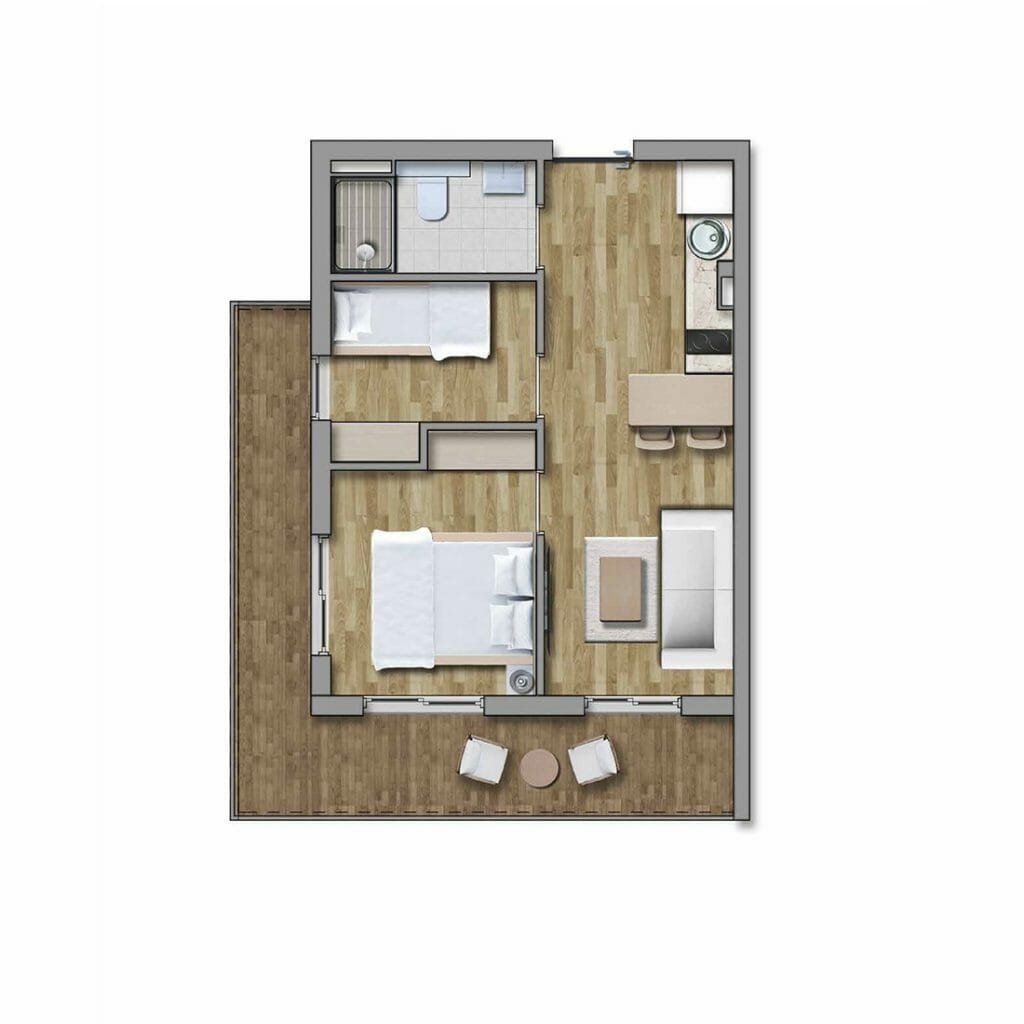 Apartment layout in the Kavač residential complex, Montenegro: kitchen-living room, bedroom, bathroom, and a spacious furnished terrace.