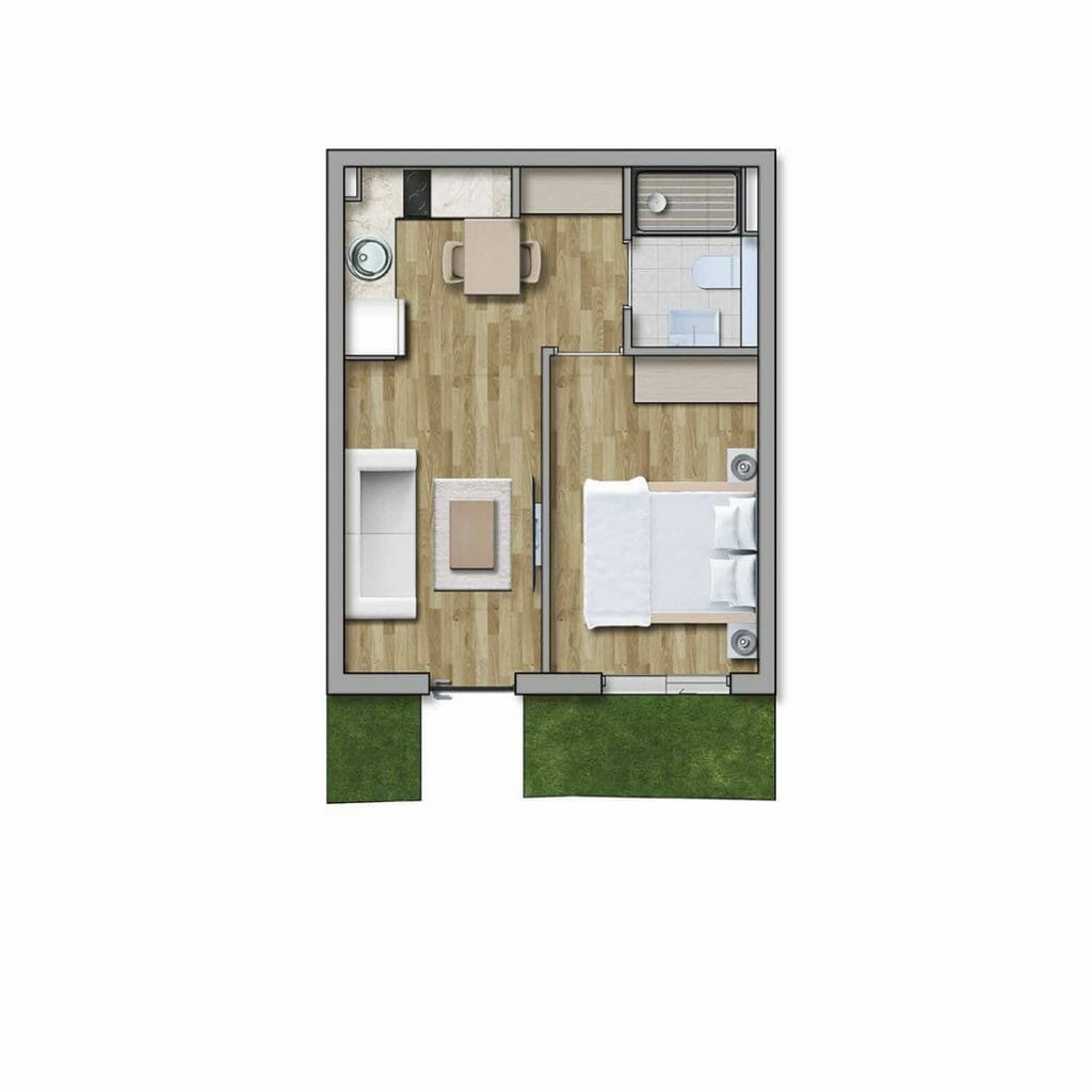 Apartment layout in the Kavač residential complex, Montenegro: bedroom, living room with kitchen, bathroom, and access to a terrace with a lawn.