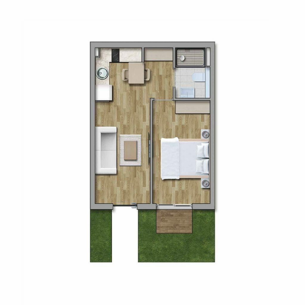 Apartment layout in the Kavač residential complex, Montenegro: bedroom, living room with kitchen, bathroom, and access to a private terrace.