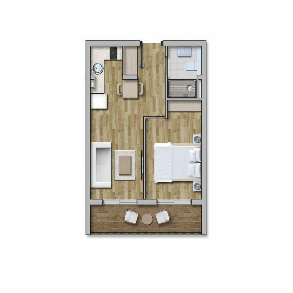 Apartment layout in the Kavač residential complex, Montenegro: bedroom, kitchen-living room, bathroom, and a terrace with lounge furniture.