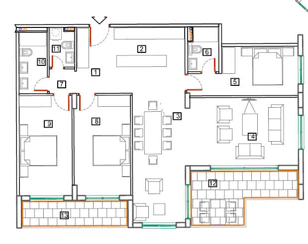 Apartment layout in Bečići, Montenegro: 3 bedrooms, living room, dining area, 3 bathrooms, and two terraces.