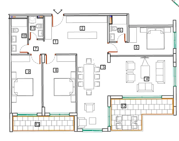 Architectural floor plan of an apartment showing rooms, furniture layout, and zones.