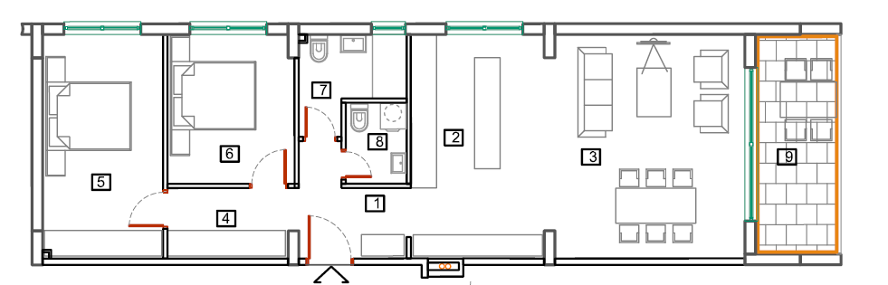 Apartment layout in Bečići, Montenegro: two bedrooms, a living room with dining area, two bathrooms, and a terrace.