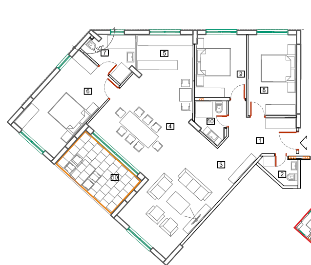 Apartment layout in Bečići, Montenegro: a floor plan with three bedrooms, a living room, a kitchen, and two bathrooms.