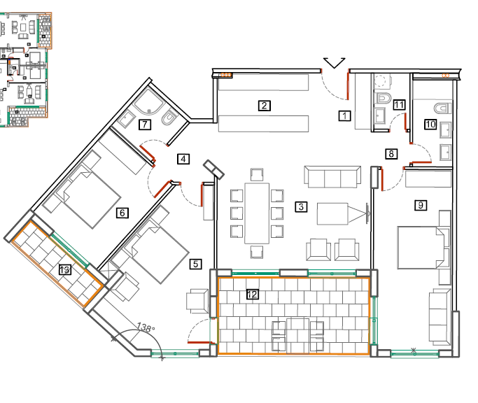 Apartment layout in Bečići, Montenegro: 3 bedrooms, a spacious living room, two terraces, and two bathrooms.