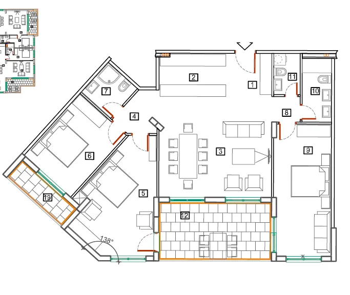 Architectural floor plan of an apartment showing furniture layout, rooms, corridors, and balconies.