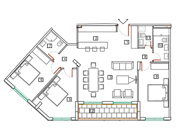Apartment layout in Bečići, Montenegro: 3 bedrooms, living room, kitchen, terrace, and 2 bathrooms, property No. 1463.