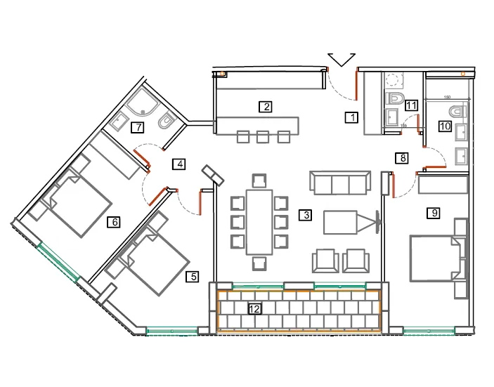 Architectural floor plan of an apartment showing rooms: bedrooms, kitchen, living room, bathroom, and balcony.
