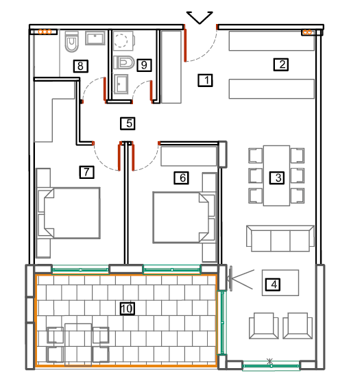 Apartment layout with two bedrooms, a living room, a dining area, and a terrace in Bečići, Montenegro.