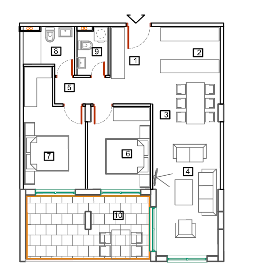 Apartment layout in Bečići, Montenegro: two bedrooms, a spacious living room, a kitchen, two bathrooms, and a large terrace.