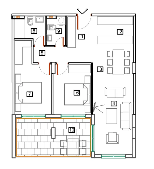 Architectural floor plan showing layout of bedrooms, living room, kitchen, and bathroom areas.