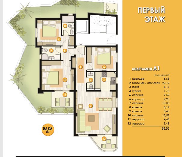 Layout of an 86 m² apartment with three bedrooms in a residential complex in Bečići, Montenegro: floor plan with terraces.