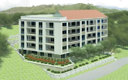 Architectural rendering of a multi-story residential building with balconies, surrounded by greenery and stone walls.