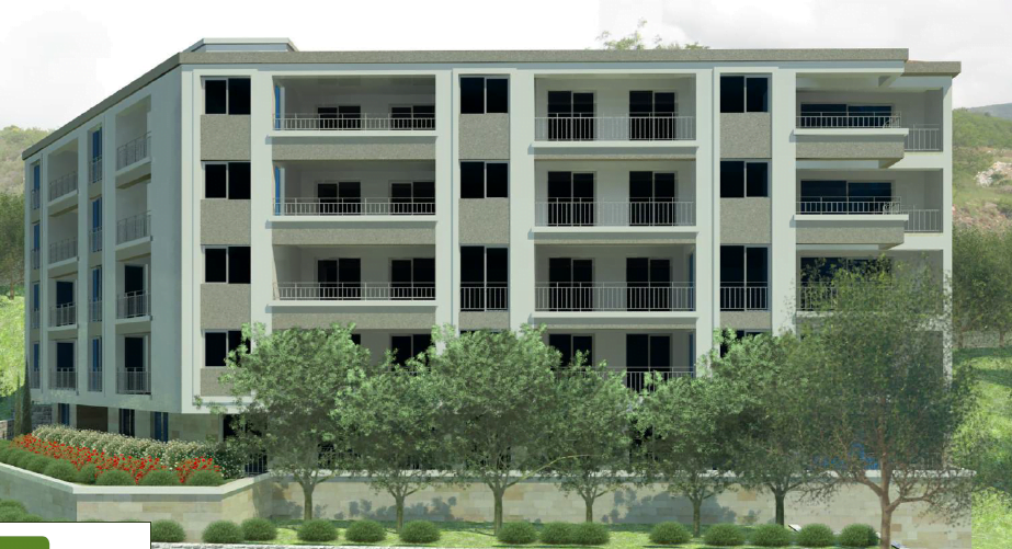 Modern apartment building with terraces in Bečići, Montenegro: building facade and surrounding area.