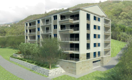 Modern residential complex with balconies in Bečići, Montenegro: an apartment building project at the foot of the mountains.