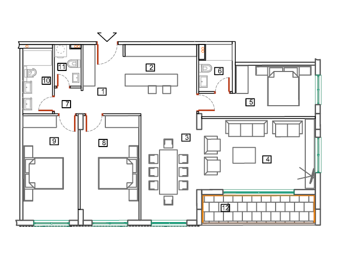 Apartment layout with three bedrooms, a living room, and a terrace in Bečići, Montenegro: a floor plan showing the arrangement of rooms and furniture.